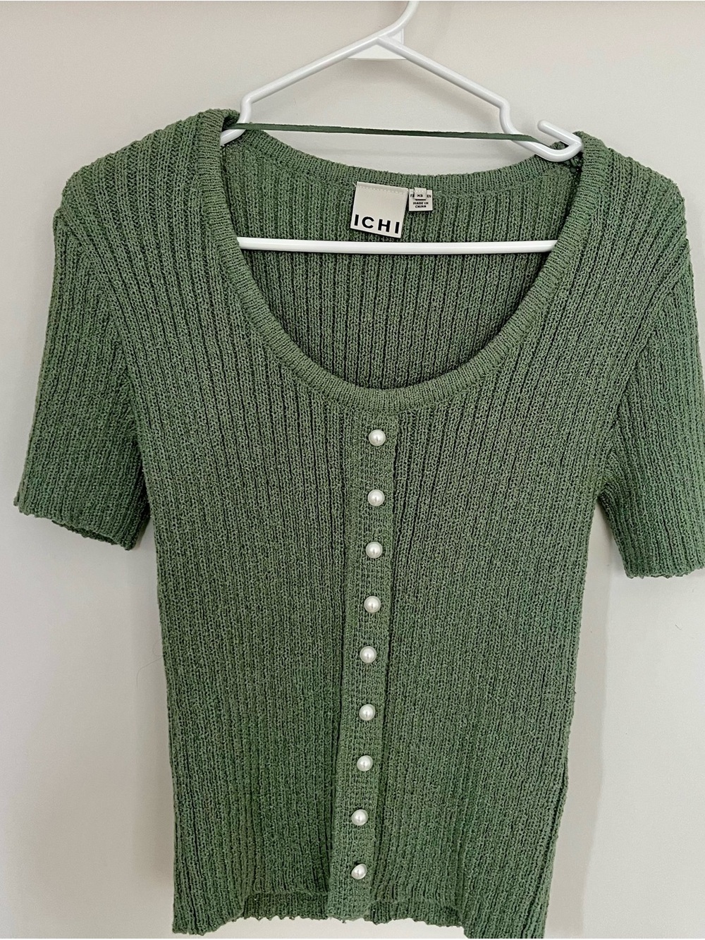 ICHI Sage Green Short Sleeve Ribbed Button-Front Tee